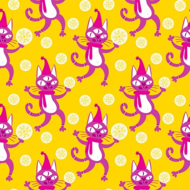 Noel karikatüründeki hayvanlar, kağıt, kumaş, çarşaf ve çocuk giysileri baskısı, parti aksesuarları ve yeni yıl ambalajları için kusursuz kediler ve oyuncak desenleri. Yüksek kaliteli illüstrasyon