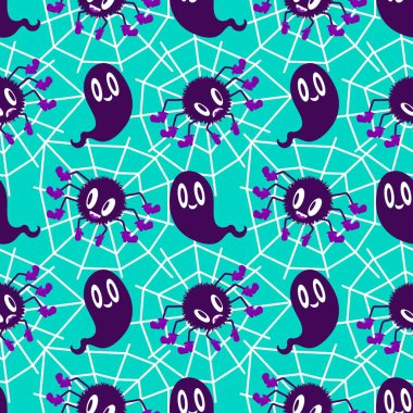 Çizgi film canavarları, duvar kağıtları, kumaşlar, tekstil ve ambalajlar, çarşaflar ve çocuk giysileri baskıları ve ambalaj kağıtları için kusursuz Cadılar Bayramı örümceği desenleri. Yüksek kaliteli illüstrasyon