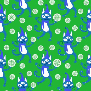 Noel karikatüründeki hayvanlar, kağıt, kumaş, çarşaf ve çocuk giysileri baskısı, parti aksesuarları ve yeni yıl ambalajları için kusursuz kediler ve oyuncak desenleri. Yüksek kaliteli illüstrasyon