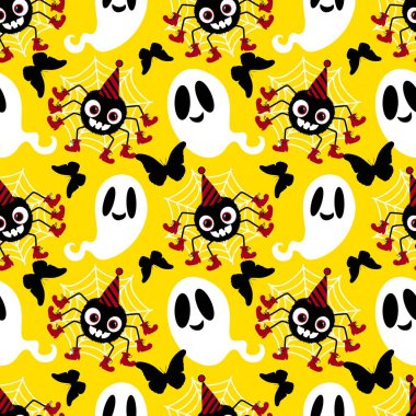 Çizgi film canavarları, duvar kağıtları, kumaşlar, tekstil ve ambalajlar, çarşaflar ve çocuk giysileri baskıları ve ambalaj kağıtları için kusursuz Cadılar Bayramı örümceği desenleri. Yüksek kaliteli illüstrasyon