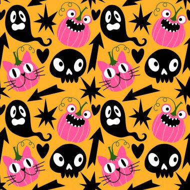 Cadılar Bayramı hayvanlarının çizgi filmlerinde kağıt, kumaş, çarşaf, çocuk giysisi baskısı, sonbahar ambalajı ve parti aksesuarları için kusursuz kedi desenleri vardır. Yüksek kaliteli illüstrasyon