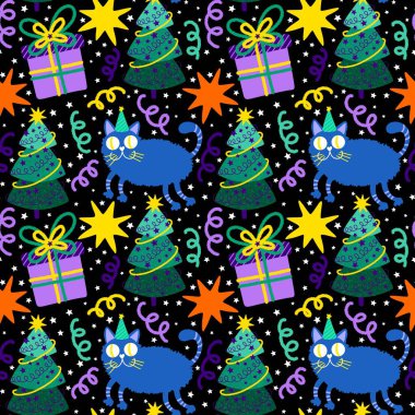 Noel karikatüründeki hayvanlar, kağıt, kumaş, çarşaf ve çocuk giysileri baskısı, parti aksesuarları ve yeni yıl ambalajları için kusursuz kediler ve oyuncak desenleri. Yüksek kaliteli illüstrasyon