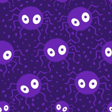 Çizgi film canavarları, duvar kağıtları, kumaşlar, tekstil ve ambalajlar, çarşaflar ve çocuk giysileri baskıları ve ambalaj kağıtları için kusursuz Cadılar Bayramı örümceği desenleri. Yüksek kaliteli illüstrasyon