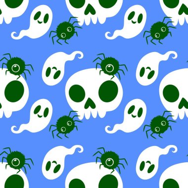 Çizgi film canavarları, duvar kağıtları, kumaşlar, tekstil ve ambalajlar, çarşaflar ve çocuk giysileri baskıları ve ambalaj kağıtları için kusursuz Cadılar Bayramı örümceği desenleri. Yüksek kaliteli illüstrasyon