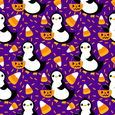 Cadılar Bayramı hayvanlarının çizgi filmlerindeki kusursuz penguen desenleri kağıt, kumaş, çarşaf ve çocuk giysileri baskısı, sonbahar ambalajları ve parti aksesuarları için. Yüksek kaliteli illüstrasyon