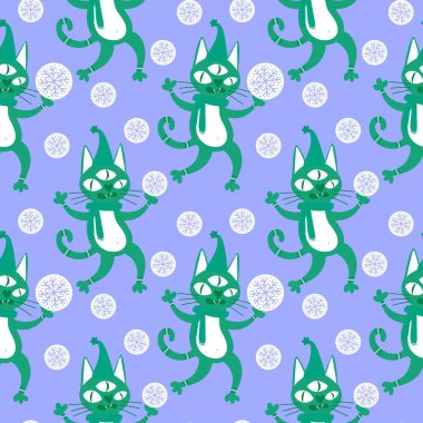 Noel karikatüründeki hayvanlar, kağıt, kumaş, çarşaf ve çocuk giysileri baskısı, parti aksesuarları ve yeni yıl ambalajları için kusursuz kediler ve oyuncak desenleri. Yüksek kaliteli illüstrasyon