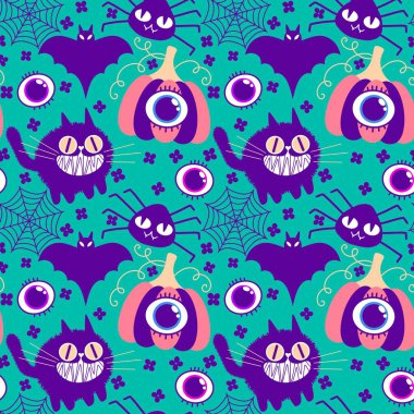 Cadılar Bayramı hayvanları kağıt, kumaş, çarşaf ve çocuk kıyafetleri ve parti aksesuarları için kusursuz kedi desenleri. Yüksek kaliteli illüstrasyon