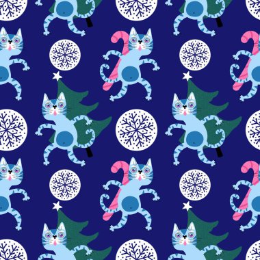 Noel karikatüründeki hayvanlar, kağıt, kumaş, çarşaf ve çocuk giysileri baskısı, parti aksesuarları ve yeni yıl ambalajları için kusursuz kediler ve oyuncak desenleri. Yüksek kaliteli illüstrasyon