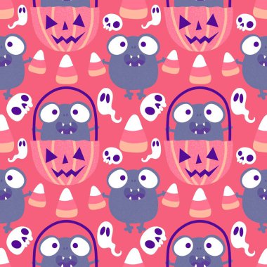 Cadılar Bayramı hayvanlarının çizgi filmlerindeki kusursuz kurbağalar kağıt, kumaş, çarşaf, çocuk giysisi baskısı, sonbahar ambalajı ve parti aksesuarları için canavar desenleri. Yüksek kaliteli illüstrasyon