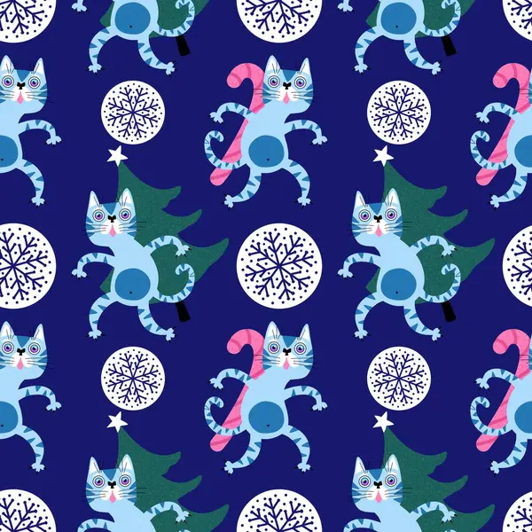 Noel karikatüründeki hayvanlar, kağıt, kumaş, çarşaf ve çocuk giysileri baskısı, parti aksesuarları ve yeni yıl ambalajları için kusursuz kediler ve oyuncak desenleri. Yüksek kaliteli illüstrasyon