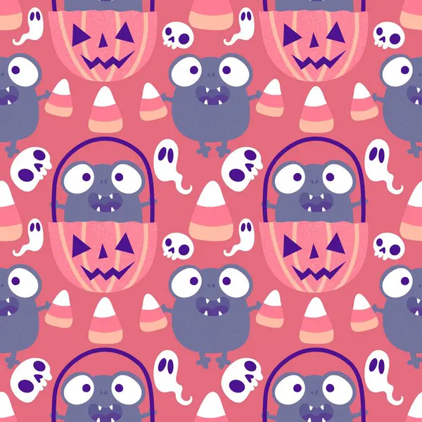 Cadılar Bayramı hayvanlarının çizgi filmlerindeki kusursuz kurbağalar kağıt, kumaş, çarşaf, çocuk giysisi baskısı, sonbahar ambalajı ve parti aksesuarları için canavar desenleri. Yüksek kaliteli illüstrasyon