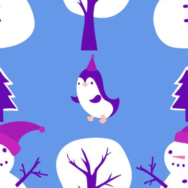 Noel hayvanları kağıt, kumaş, çarşaf, çocuk giysisi baskısı, yeni yıl ambalajı ve Noel kış ambalajı için kusursuz penguen desenleri. Yüksek kaliteli illüstrasyon