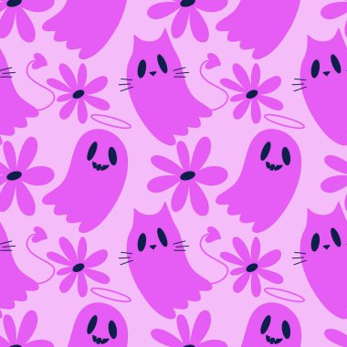 Cadılar Bayramı hayvanları kağıt, kumaş, çarşaf ve çocuk kıyafetleri ve parti aksesuarları için kusursuz kedi desenleri. Yüksek kaliteli illüstrasyon