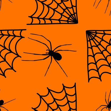Çizgi film canavarları, duvar kağıtları, kumaşlar, tekstil ve ambalajlar, çarşaflar ve çocuk giysileri baskıları ve ambalaj kağıtları için kusursuz Cadılar Bayramı örümceği desenleri. Yüksek kaliteli illüstrasyon