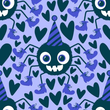 Çizgi film canavarları, duvar kağıtları, kumaşlar, tekstil ve ambalajlar, çarşaflar ve çocuk giysileri baskıları ve ambalaj kağıtları için kusursuz Cadılar Bayramı örümceği desenleri. Yüksek kaliteli illüstrasyon