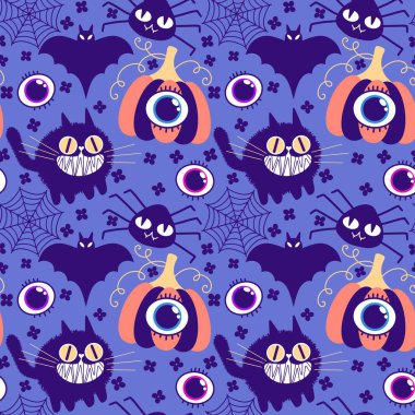 Cadılar Bayramı hayvanları kağıt, kumaş, çarşaf ve çocuk kıyafetleri ve parti aksesuarları için kusursuz kedi desenleri. Yüksek kaliteli illüstrasyon