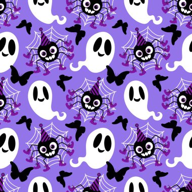 Çizgi film canavarları, duvar kağıtları, kumaşlar, tekstil ve ambalajlar, çarşaflar ve çocuk giysileri baskıları ve ambalaj kağıtları için kusursuz Cadılar Bayramı örümceği desenleri. Yüksek kaliteli illüstrasyon