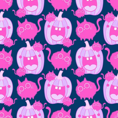 Cadılar Bayramı hayvanları kağıt, kumaş, çarşaf ve çocuk kıyafetleri ve parti aksesuarları için kusursuz kedi desenleri. Yüksek kaliteli illüstrasyon
