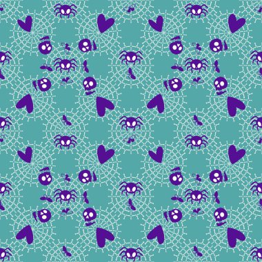 Çizgi film canavarları, duvar kağıtları, kumaşlar, tekstil ve ambalajlar, çarşaflar ve çocuk giysileri baskıları ve ambalaj kağıtları için kusursuz Cadılar Bayramı örümceği desenleri. Yüksek kaliteli illüstrasyon