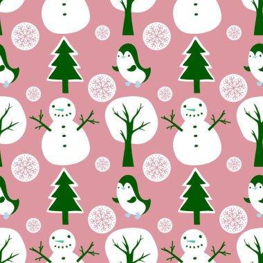 Noel hayvanları kağıt, kumaş, çarşaf, çocuk giysisi baskısı, yeni yıl ambalajı ve Noel kış ambalajı için kusursuz penguen desenleri. Yüksek kaliteli illüstrasyon