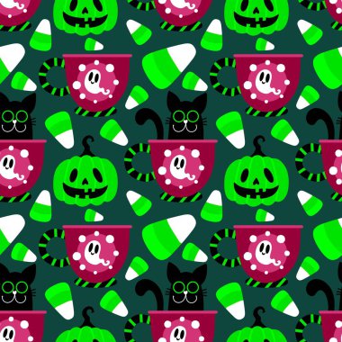 Cadılar Bayramı hayvanları kağıt, kumaş, çarşaf ve çocuk kıyafetleri ve parti aksesuarları için kusursuz kedi desenleri. Yüksek kaliteli illüstrasyon