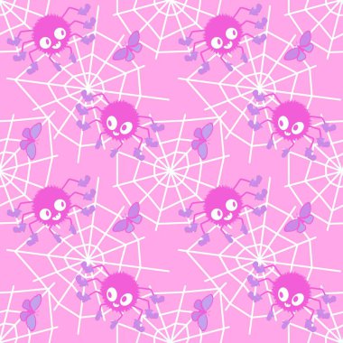 Çizgi film canavarları, duvar kağıtları, kumaşlar, tekstil ve ambalajlar, çarşaflar ve çocuk giysileri baskıları ve ambalaj kağıtları için kusursuz Cadılar Bayramı örümceği desenleri. Yüksek kaliteli illüstrasyon