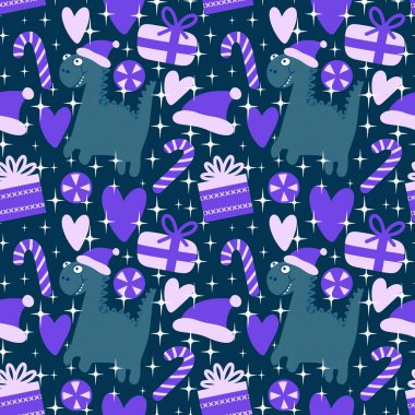 Noel ağacı dikişsiz ejderha, hediye kutusu, toplar ve penguen desenli ambalaj kağıtları, kumaşlar, kış aksesuarları, çocuk baskısı ve Noel paketi ve parti. Yüksek kaliteli illüstrasyon