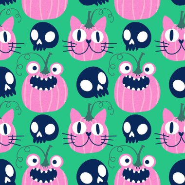 Cadılar Bayramı hayvanlarının çizgi filmlerinde kağıt, kumaş, çarşaf, çocuk giysisi baskısı, sonbahar ambalajı ve parti aksesuarları için kusursuz kedi desenleri vardır. Yüksek kaliteli illüstrasyon