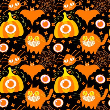 Cadılar Bayramı hayvanları kağıt, kumaş, çarşaf ve çocuk kıyafetleri ve parti aksesuarları için kusursuz kedi desenleri. Yüksek kaliteli illüstrasyon