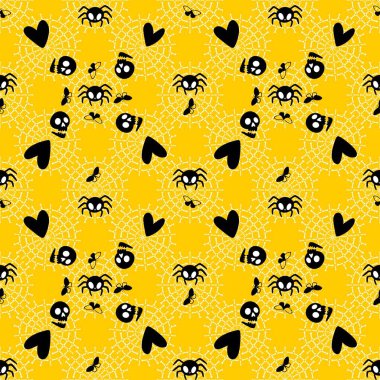 Çizgi film canavarları, duvar kağıtları, kumaşlar, tekstil ve ambalajlar, çarşaflar ve çocuk giysileri baskıları ve ambalaj kağıtları için kusursuz Cadılar Bayramı örümceği desenleri. Yüksek kaliteli illüstrasyon