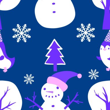 Noel hayvanları kağıt, kumaş, çarşaf, çocuk giysisi baskısı, yeni yıl ambalajı ve Noel kış ambalajı için kusursuz penguen desenleri. Yüksek kaliteli illüstrasyon