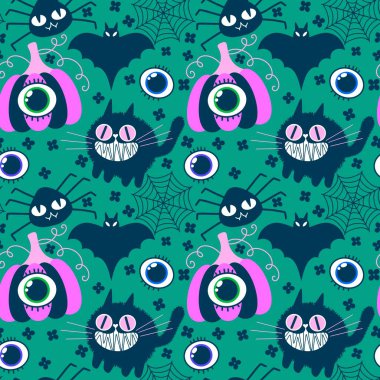 Cadılar Bayramı hayvanları kağıt, kumaş, çarşaf ve çocuk kıyafetleri ve parti aksesuarları için kusursuz kedi desenleri. Yüksek kaliteli illüstrasyon