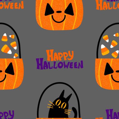 Cadılar Bayramı hayvanları kağıt, kumaş, çarşaf ve çocuk kıyafetleri ve parti aksesuarları için kusursuz kedi desenleri. Yüksek kaliteli illüstrasyon