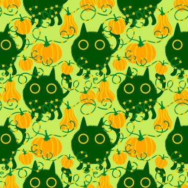 Cadılar Bayramı hayvanları kağıt, kumaş, çarşaf ve çocuk kıyafetleri ve parti aksesuarları için kusursuz kedi desenleri. Yüksek kaliteli illüstrasyon