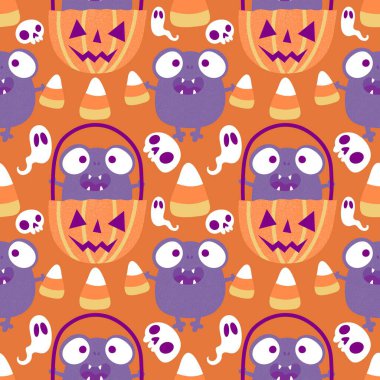 Cadılar Bayramı hayvanlarının çizgi filmlerindeki kusursuz kurbağalar kağıt, kumaş, çarşaf, çocuk giysisi baskısı, sonbahar ambalajı ve parti aksesuarları için canavar desenleri. Yüksek kaliteli illüstrasyon