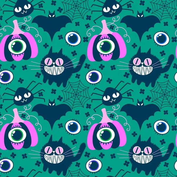 Cadılar Bayramı hayvanları kağıt, kumaş, çarşaf ve çocuk kıyafetleri ve parti aksesuarları için kusursuz kedi desenleri. Yüksek kaliteli illüstrasyon