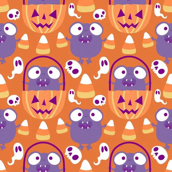 Cadılar Bayramı hayvanlarının çizgi filmlerindeki kusursuz kurbağalar kağıt, kumaş, çarşaf, çocuk giysisi baskısı, sonbahar ambalajı ve parti aksesuarları için canavar desenleri. Yüksek kaliteli illüstrasyon