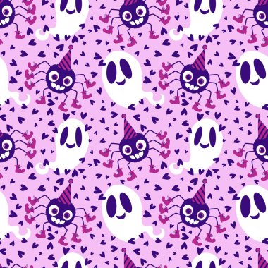 Çizgi film canavarları, duvar kağıtları, kumaşlar, tekstil ve ambalajlar, çarşaflar ve çocuk giysileri baskıları ve ambalaj kağıtları için kusursuz Cadılar Bayramı örümceği desenleri. Yüksek kaliteli illüstrasyon