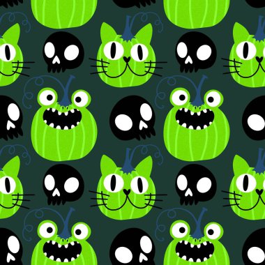 Cadılar Bayramı hayvanlarının çizgi filmlerinde kağıt, kumaş, çarşaf, çocuk giysisi baskısı, sonbahar ambalajı ve parti aksesuarları için kusursuz kedi desenleri vardır. Yüksek kaliteli illüstrasyon