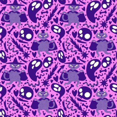 Cadılar Bayramı hayvanları kağıt, kumaş, çarşaf ve çocuk kıyafetleri ve parti aksesuarları için kusursuz kedi desenleri. Yüksek kaliteli illüstrasyon