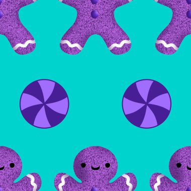 Kış zencefilli kurabiye adam kağıtları ve çocukların giysileri, kumaşlar, çarşaflar ve aksesuarlar için kusursuz Noel deseni. Yüksek kaliteli illüstrasyon