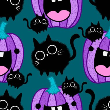 Cadılar Bayramı hayvanları kağıt, kumaş, çarşaf ve çocuk kıyafetleri ve parti aksesuarları için kusursuz kedi desenleri. Yüksek kaliteli illüstrasyon