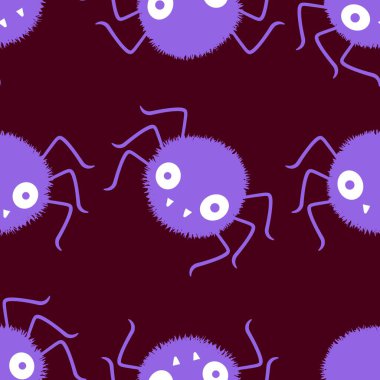 Çizgi film canavarları, duvar kağıtları, kumaşlar, tekstil ve ambalajlar, çarşaflar ve çocuk giysileri baskıları ve ambalaj kağıtları için kusursuz Cadılar Bayramı örümceği desenleri. Yüksek kaliteli illüstrasyon