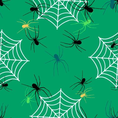 Çizgi film canavarları, duvar kağıtları, kumaşlar, tekstil ve ambalajlar, çarşaflar ve çocuk giysileri baskıları ve ambalaj kağıtları için kusursuz Cadılar Bayramı örümceği desenleri. Yüksek kaliteli illüstrasyon
