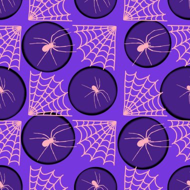 Çizgi film canavarları, duvar kağıtları, kumaşlar, tekstil ve ambalajlar, çarşaflar ve çocuk giysileri baskıları ve ambalaj kağıtları için kusursuz Cadılar Bayramı örümceği desenleri. Yüksek kaliteli illüstrasyon