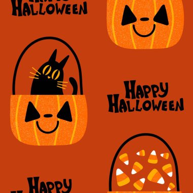 Cadılar Bayramı hayvanları kağıt, kumaş, çarşaf ve çocuk kıyafetleri ve parti aksesuarları için kusursuz kedi desenleri. Yüksek kaliteli illüstrasyon