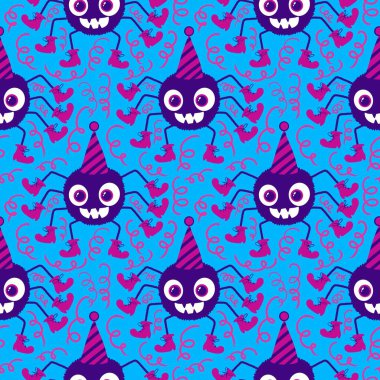 Çizgi film canavarları, duvar kağıtları, kumaşlar, tekstil ve ambalajlar, çarşaflar ve çocuk giysileri baskıları ve ambalaj kağıtları için kusursuz Cadılar Bayramı örümceği desenleri. Yüksek kaliteli illüstrasyon