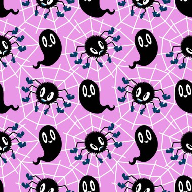 Çizgi film canavarları, duvar kağıtları, kumaşlar, tekstil ve ambalajlar, çarşaflar ve çocuk giysileri baskıları ve ambalaj kağıtları için kusursuz Cadılar Bayramı örümceği desenleri. Yüksek kaliteli illüstrasyon