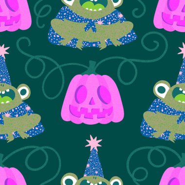 Cadılar Bayramı hayvanlarının çizgi filmlerindeki kusursuz kurbağalar kağıt, kumaş, çarşaf, çocuk giysisi baskısı, sonbahar ambalajı ve parti aksesuarları için canavar desenleri. Yüksek kaliteli illüstrasyon