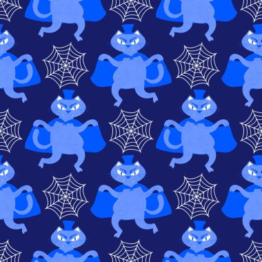 Cadılar Bayramı hayvanları kağıt, kumaş, çarşaf ve çocuk kıyafetleri ve parti aksesuarları için kusursuz kedi desenleri. Yüksek kaliteli illüstrasyon